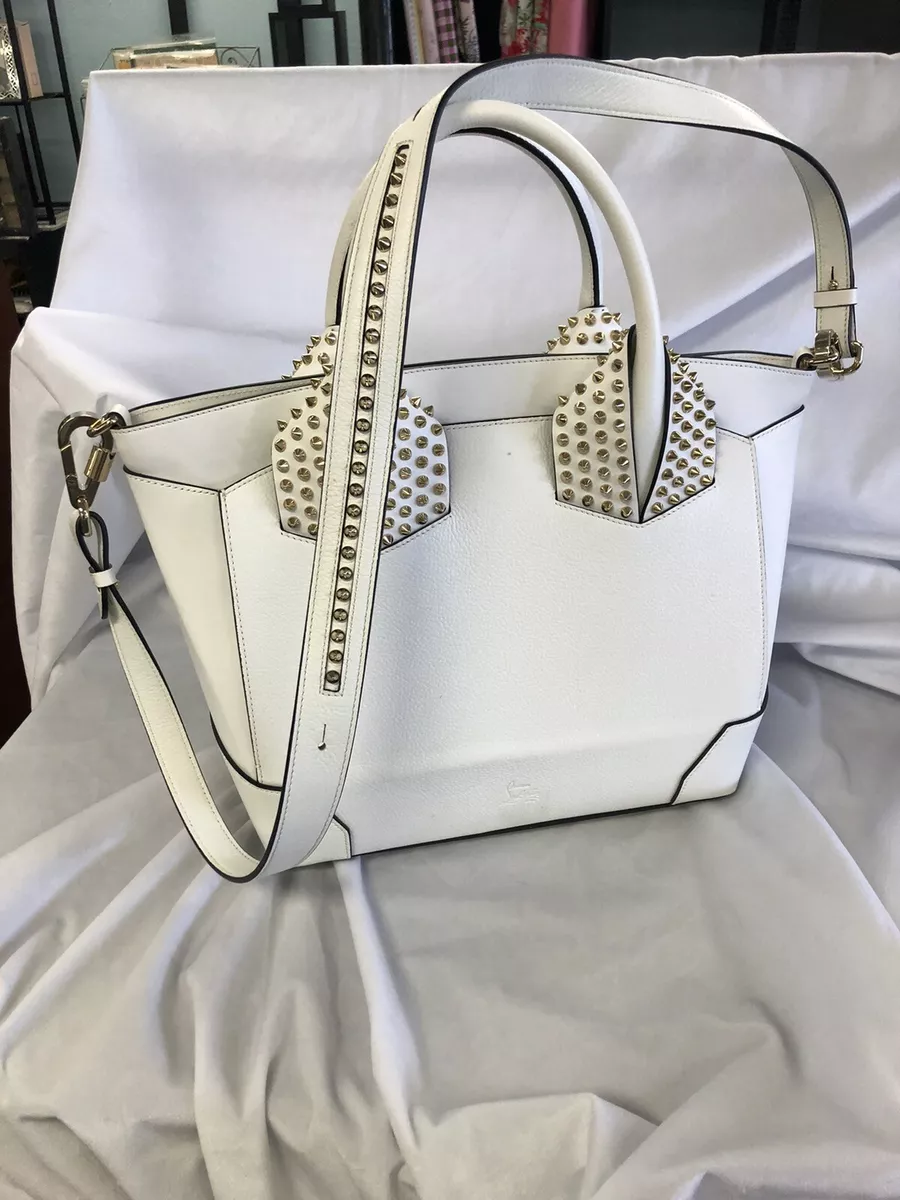 CHRISTIAN LOUBOUTIN White Leather Gold Stud Convertible ELOISE Tote HandBag  Red