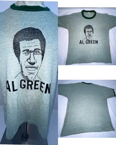 70S AL GREEN CARICATURE FUNK SOUL HEATHER GREEN RINGER T 1970s vintage concert t-shirt, vintage, single stitch, B+ condition