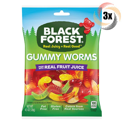 3x Bags Black Forest Gummy Worms Candy | Real Fruit Juice & Fat Free | 4.5oz |