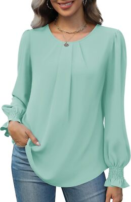 #ad Womens Tops Dressy Casual Smocked Long Sleeve Shirts Loose Chiffon Blouses $19.99