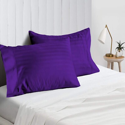 4 PCs Pillow Case Set 1200 TC 100%  Cotton Purple Stripes Queen Size