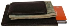 BLACK LEATHER MEN'S STRONG MAGNETIC MONEY CLIP Front Pocket Wallet