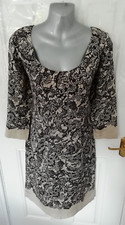 Jigsaw Size 12 Black Beige Lace Pattern 90% Silk Occasion Dress Lined Back Zip