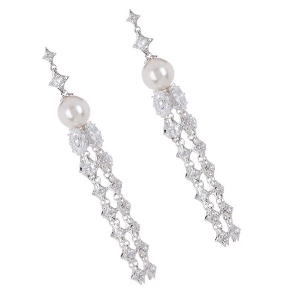 NWT $160 Nadri Silver Tone pearl crystal tassel drop chandelier earrings - Image 2 of 4