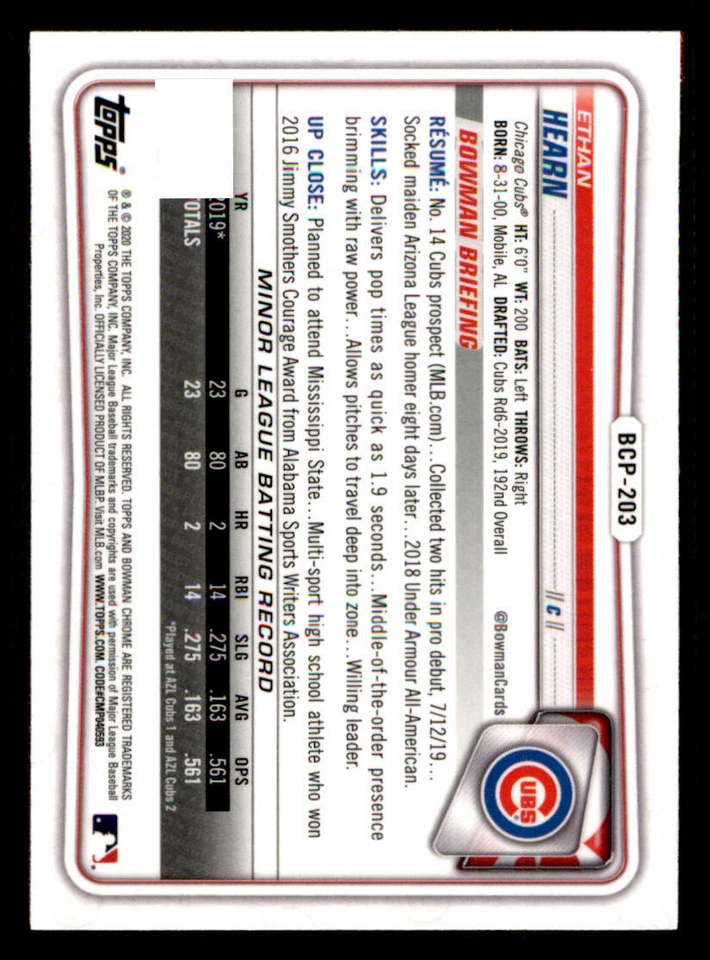 2020 Bowman Chrome Mega Box Prospects Refractors #BCP203 Ethan Hearn - Image 2 of 2