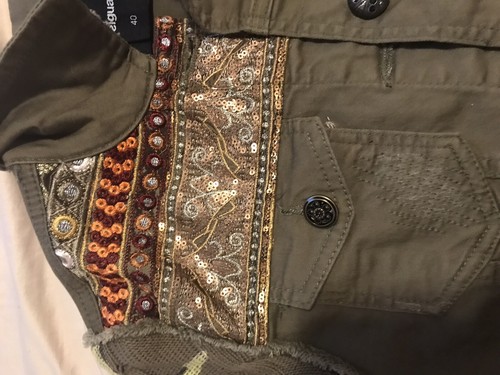 Desigual Khaki Denim Jean Jacket Sz 36/S ~ Floral Knit Sequin Trim Embroidered - Picture 6 of 11