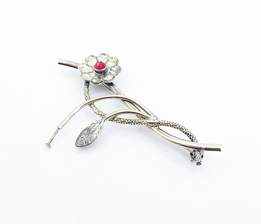 925 Sterling Silver Vintage Red Topaz Shiny Floral Vine Brooch Pin