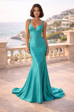 Long Teal Blue Corset Top Mermaid Stretch Jersey Prom Dress Size 10 Formal Gown