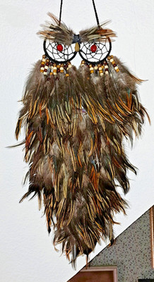 Owl Dream Catcher - Handmade USA Real Feathers Beads - 21''x10'' Wall Hanging