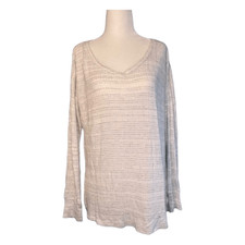 Cupio Ribbed Knit Sweater White Gray Soft Gauzy Knit Stripes Long Sleeve V-Neck