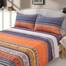 Boho Sheets Set King Size 4 PCS Orange Blue Bohemian Colorful Striped Beddin...