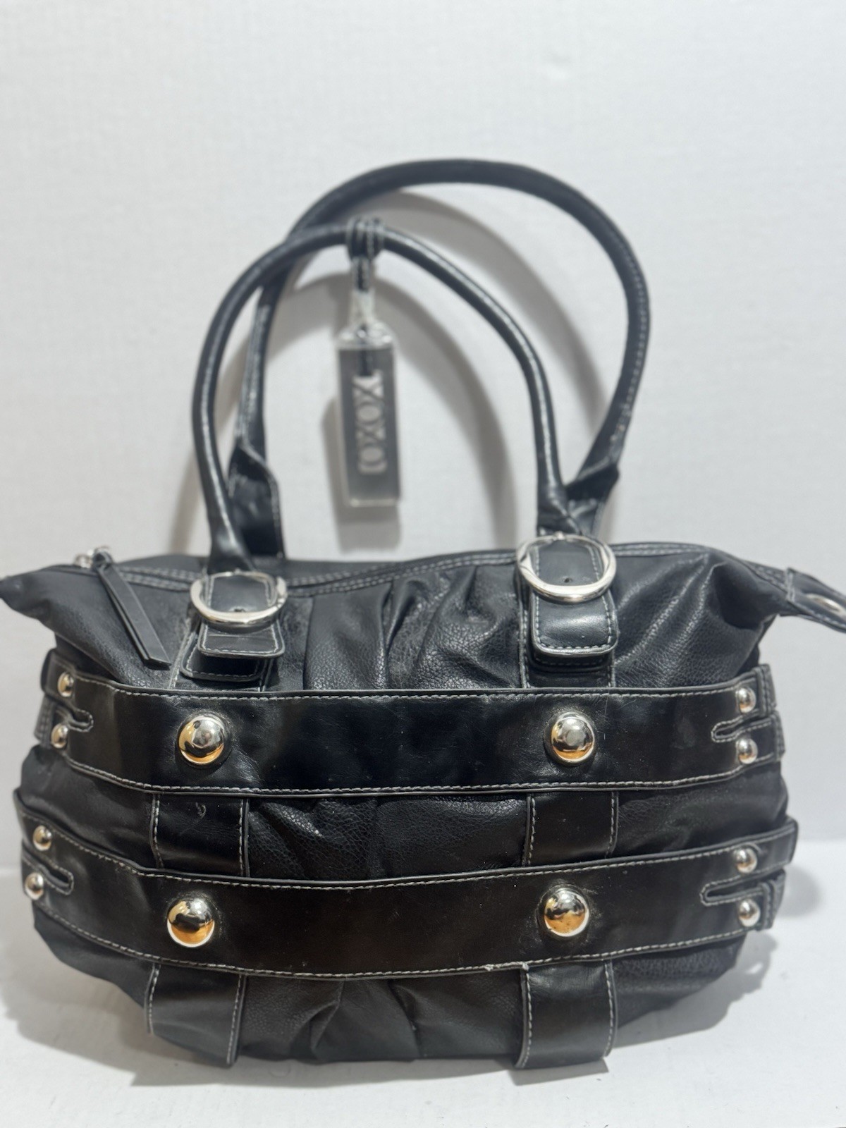 XOXO Mini Monogram Black Faux Leather Shoulder Bag Vintage Y2K Hobo Purse