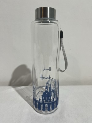 Harrods Glas Trinkflasche mit London Landmarks blau Edelstahldeckel