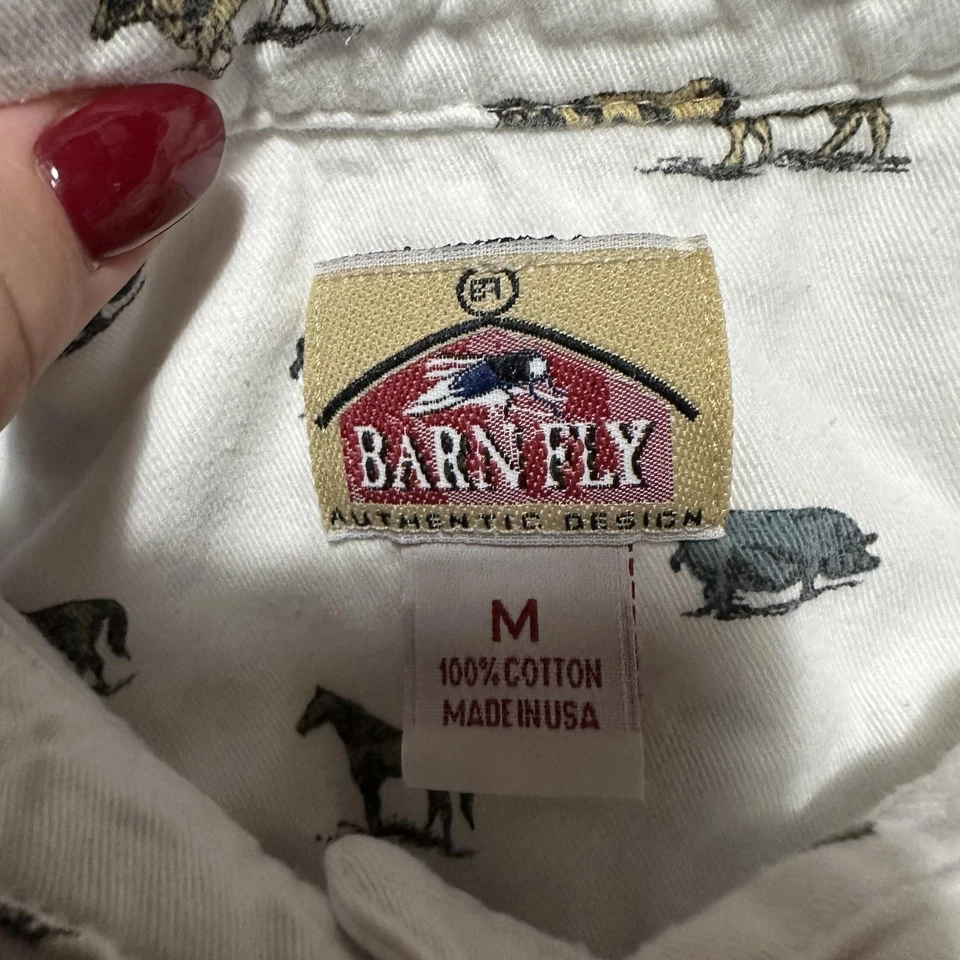 Camisa de Mosca de Granero Para Hombres Mediana Blanca Estampado de Animales de Granja Occidental Con Botones Hecha en EE. UU. Foto 3 de 4