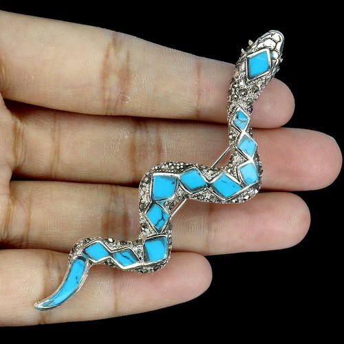 925 Sterling Silver Brooch Fancy Turquoise Marcasite Cobra Gemstone Jewelry