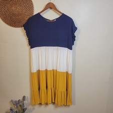Womens 1XL Colorblock Tiered Sun Dress Navy White Mustard Ruffle Sleeve Bohemian