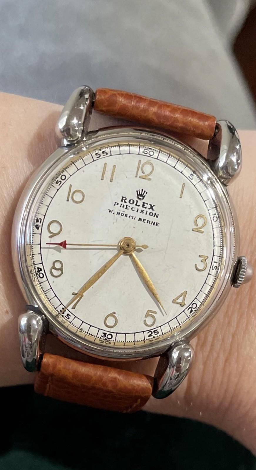 Vintage 1940s Rolex Precision Ref. 4417 Hooded Teardrop Lugs W. Rösch Berne Dial