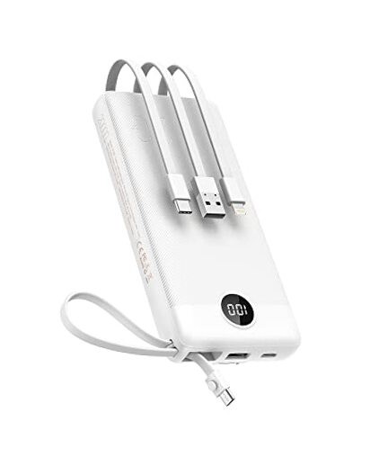 20000mAh White Power Bank with Built-in Cables - Portable Fast Charger 20000mAh White Power Bank with Built-in Cables - Portable Fast Charger