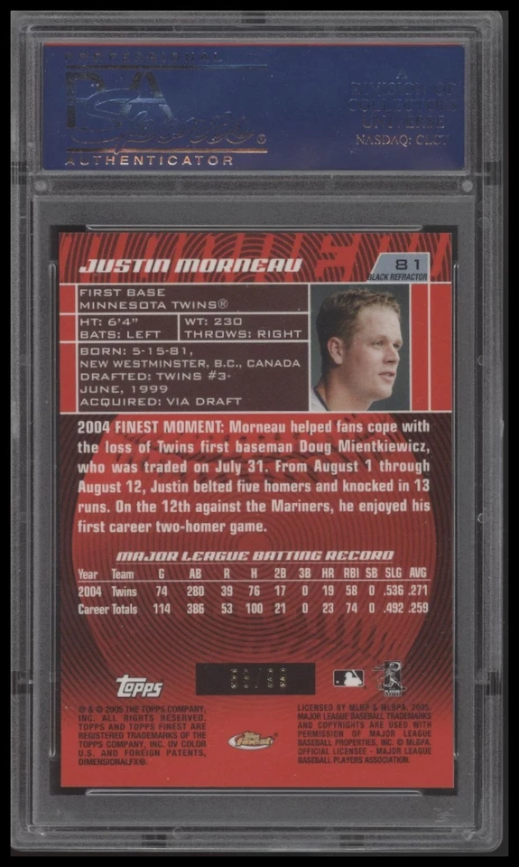 2005 Finest #81 Justin Morneau Refractors Black PSA 10 #/99 - Image 2 of 2