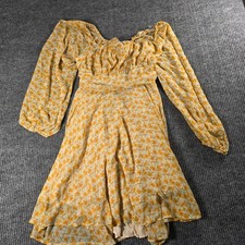 Blush & Day Yellow Floral Mini Dress Balloon Sleeve Tie Back Cutout Womens 2XL