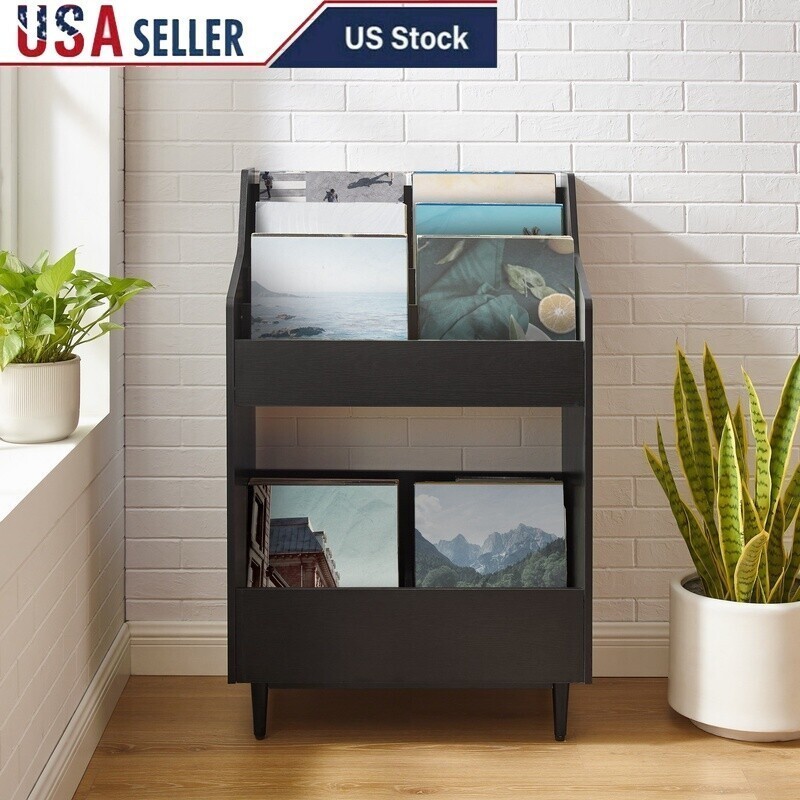 Media Storage Cabinet Vinyl Records Adjustable Wood Display Holder Tapered Legs