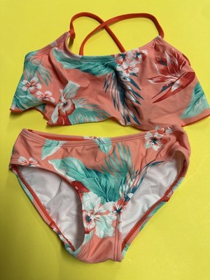 Okami Girls 2 Piece Bikini Swimsuit Tropical Floral Coral Size 6X