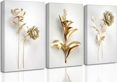 3Pcs Abstract Golden Flower Canvas Art - Modern Nordic Wall Decor Set