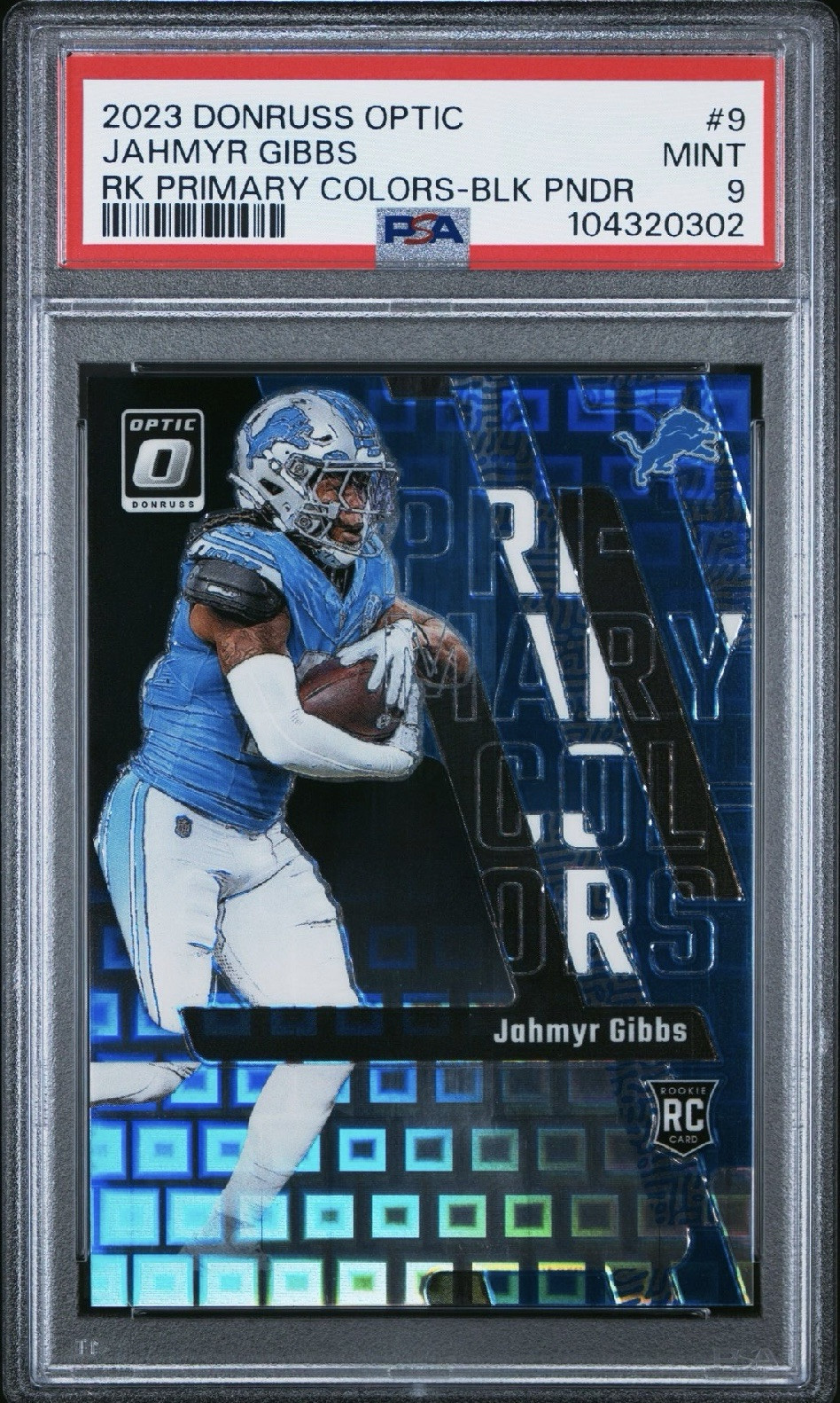 2023 Donruss Optic Jahmyr Gibbs Rookie Primary Colors Black Pandora/25 #9 PSA 9