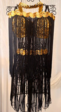 Vintage Go-Go Burlesque Outfit Black Fringe Gold Sequin Custom Made-Excellent