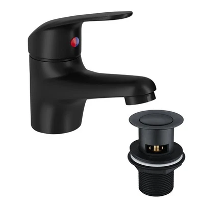 FNX BATHROOMS Matt Black Bathroom Basin Tap Single Lever Mono Mixer with Slotted Waste
