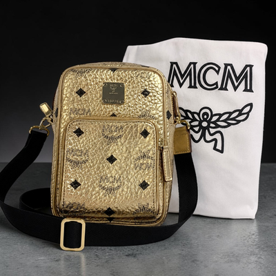 #ad MCM Berlin Gold Visetos Mini Crossbody Camera Bag Metallic Leather Dust Bag $404.88
