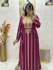 Moroccan Gandoura Dress for Women, Gold Embroidered Kaftan, Striped Jawhara Caft