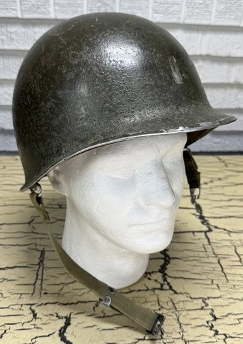 VTG US Army Green Military WWII M1 Metal Combat Helmet w/ Inner Liner Chin Strap