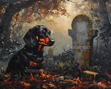 8x10 Matte Print Dachshund at Spooky Graveyard