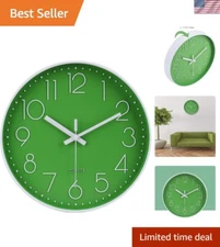 Contemporary 12-Inch Silent Wall Clock with Large White Numbers - Green Design