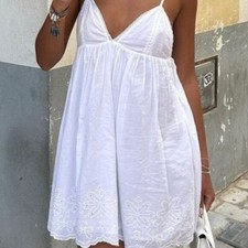 Zara White Linen Cotten Embroidered Lace Dress size XL