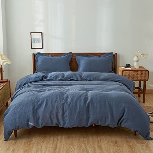 100% Linen Duvet Cover Set, 3 PCS Duvet Cover Size, Queen Classic Blue