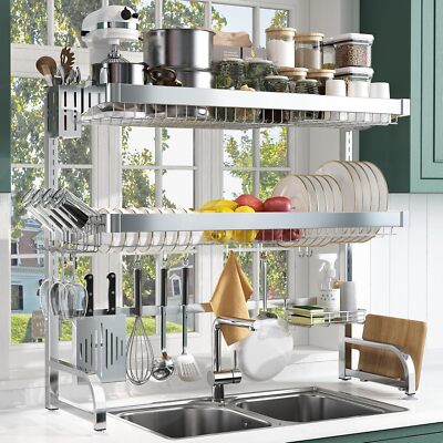 Over The Sink Dish Drainer Drying Rack, Adjustable (25.5''-35.5'') Large Dish