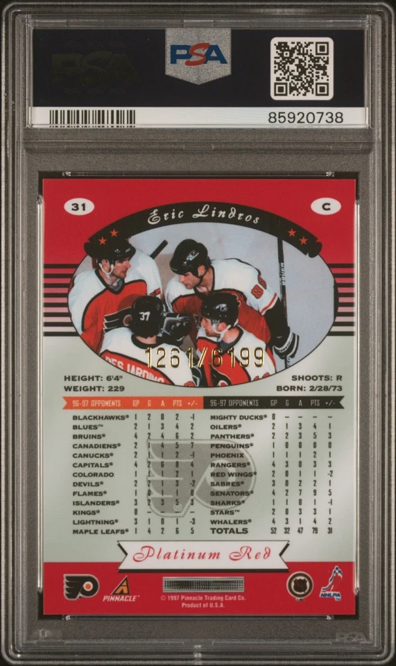 1997 Pinnacle Totally Certified Platinum Red Eric Lindros #31 /6199 PSA 10 Pop 3 - Image 2 of 2