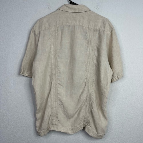 Lands' End Shirt Mens M Beige Linen Short Sleeve Embroidered Guayabera Coastal - Picture 2 of 8
