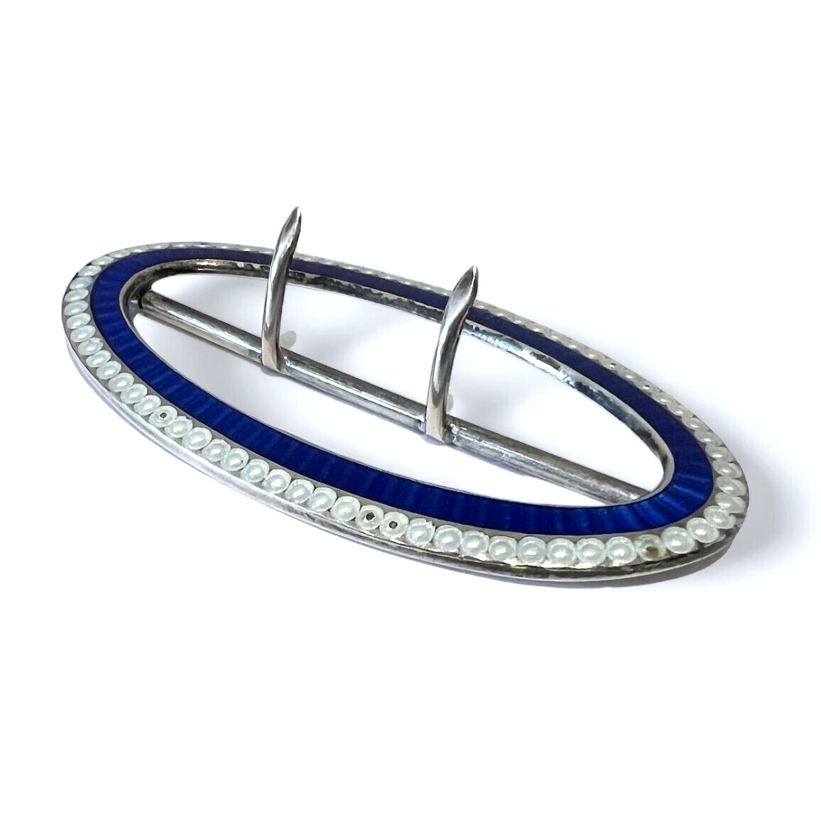 Hallmarked Solid Silver Oval Buckle with Blue/Whi… - image 1