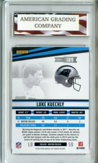2012 Panini Rookies & Stars True Blue #189 Luke Kuechly Rookie AGC 10 Gem Mint - Image 2 of 2