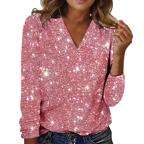 Women's Casual Solid Tops Sequin Long Sleeved V Neck Loose T Shirt Blouse Tops * - Picture 7 of 23