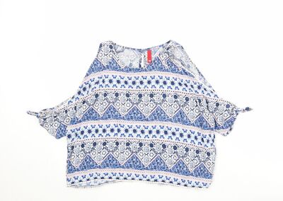 Divided by H&M Damenbluse blau geometrisch Viskose Basic Größe 10 Rundhalsausschnitt - C