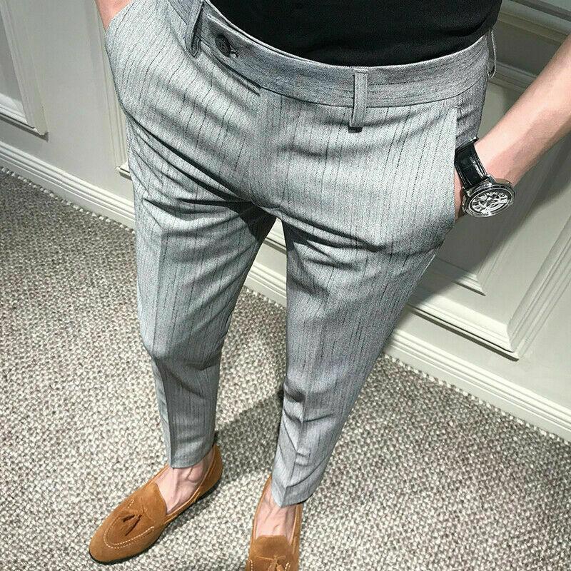 Korean Mens Formal Striped Cropped Pants Slim Fit Dress Business Pencil  Trousers | eBay