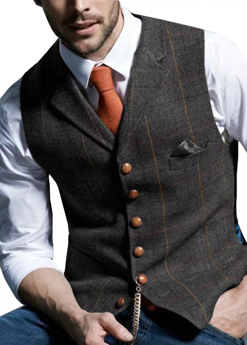 Retro Men Vest Slim Fit Tweed Waistcoat Wool Blend Formal Plaid