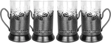 Neman Crystal Tea Glass with Tea Glass Holder / Podstakannik. 8.5oz. Set of 4