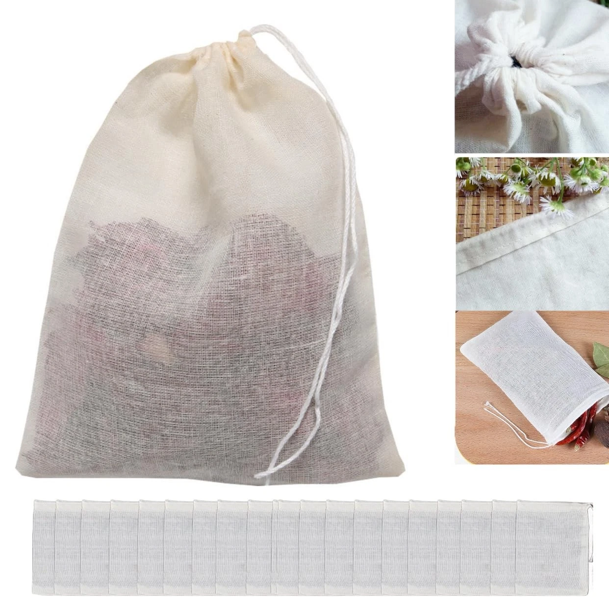 20 Cotton Muslin Drawstring Bags, 8 x 10 cm, Reusable, Ge...