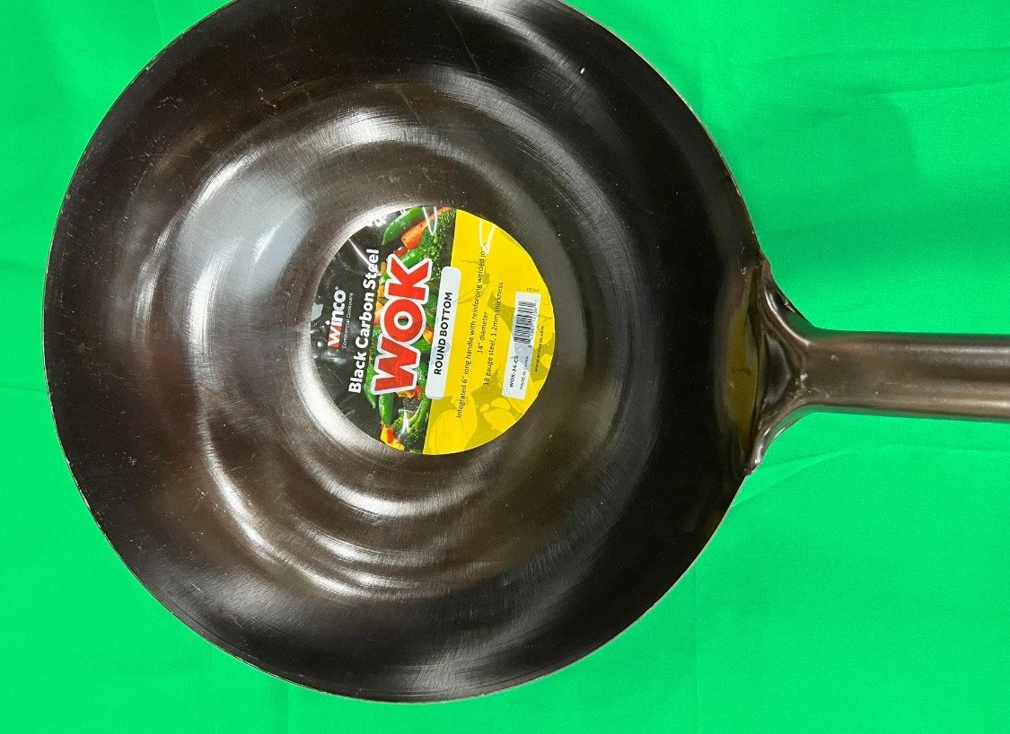 Winco 18 Gauge Black Carbon Steel 14" Round Bottom Wok 6" Integrated Handle