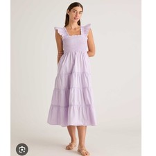 Quince Organic Cotton Smocked Midi Dress Pastel Lilac Ruffle Tiered RK001 Large